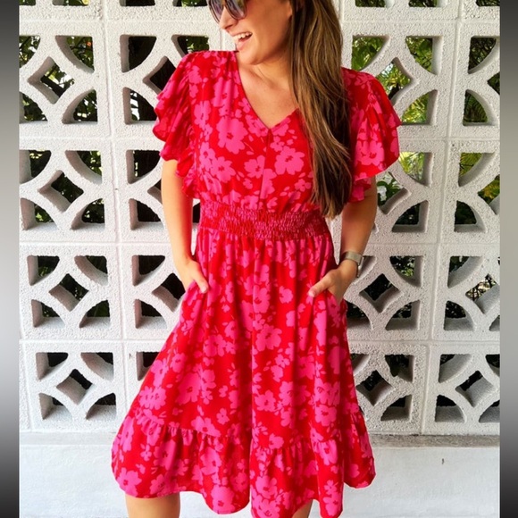 NEW Remember Me Red & Pink Floral Print Smocked Waist Midi Dress - Picture 10 of 14